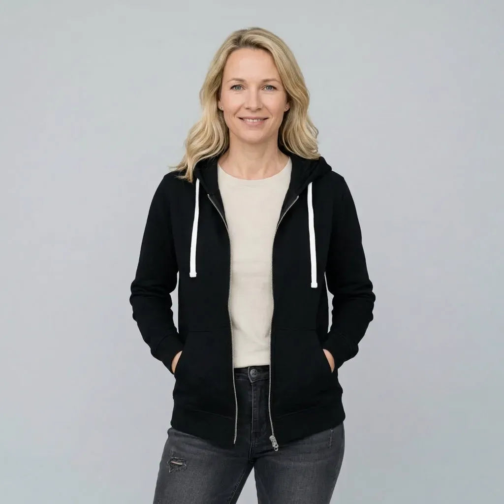 Sweatjacke für Damen mit Kapuze mit Reißverschluss im sportlichen Stil Schwarz 2