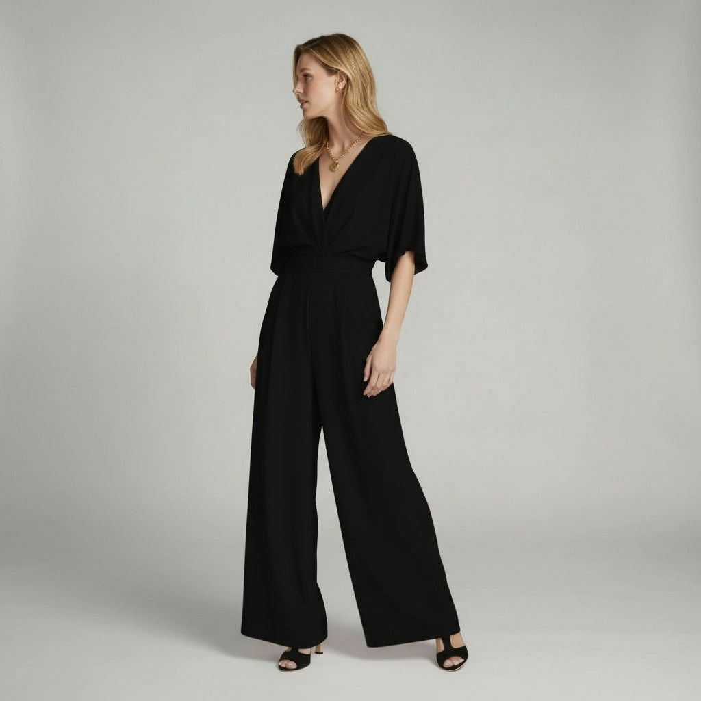Eleganter Jumpsuit mit kurzen Ärmeln und V-Ausschnitt