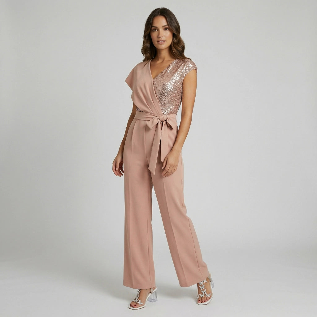 Eleganter Damen Jumpsuit im One Shoulder Schnitt mit Bindegürtel und weitem Bein