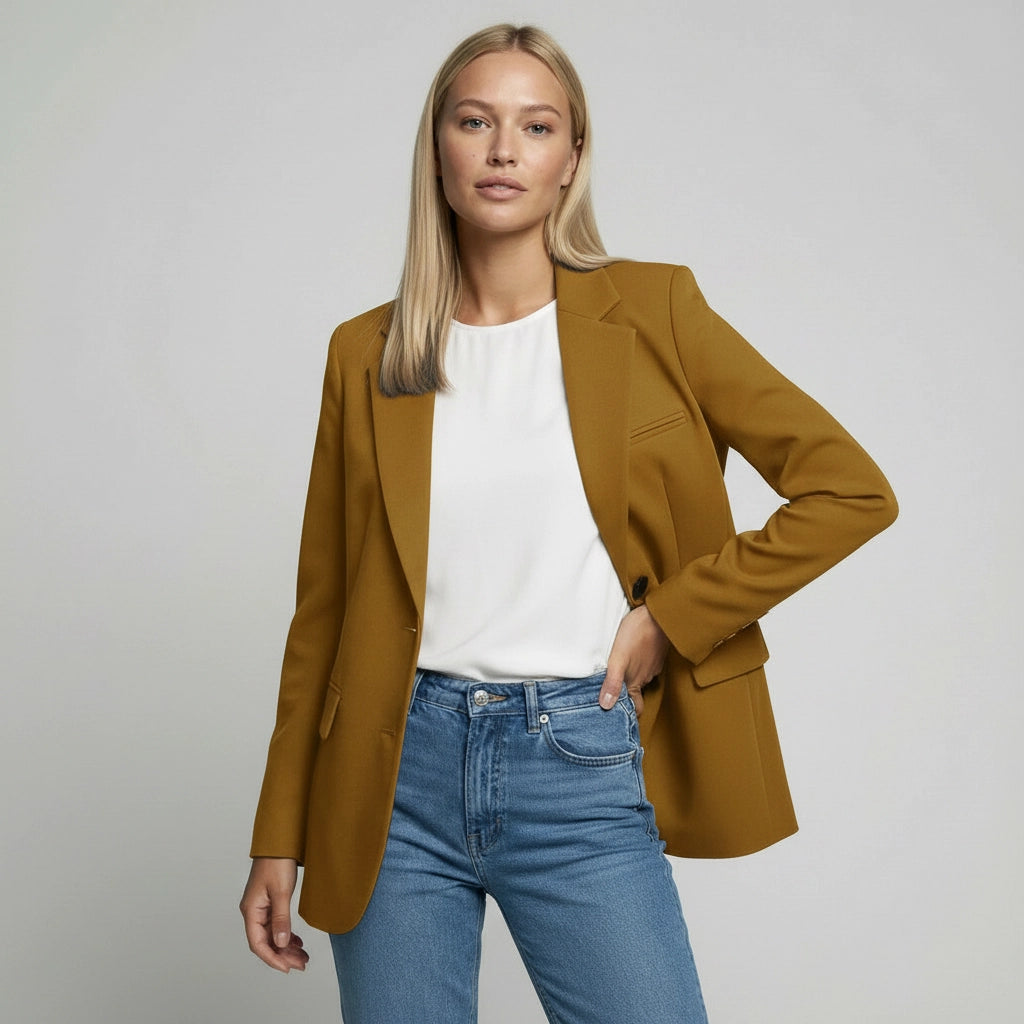 Langer Blazer für Damen mit zwei Knöpfen und Klappentaschen in einfarbigem Design
