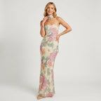 Bandeau Sommerkleid mit Blumenprint im figurbetonten Schnitt aus Chiffon Beige 2