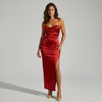Trägerkleid für Damen im figurbetonten Schnitt aus Satin mit Schlitz Rot 1