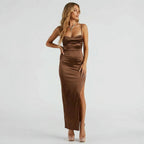 Trägerkleid für Damen im figurbetonten Schnitt aus Satin mit Schlitz Braun 2