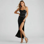 Trägerkleid für Damen im figurbetonten Schnitt aus Satin mit Schlitz Schwarz 6