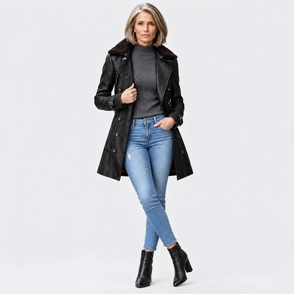Trenchcoat für Damen aus Echtleder mit Fell in zweireihiger Ausführung Schwarz 1