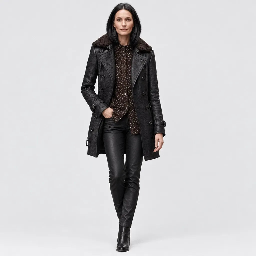 Trenchcoat für Damen aus Echtleder mit Fell in zweireihiger Ausführung Schwarz 3
