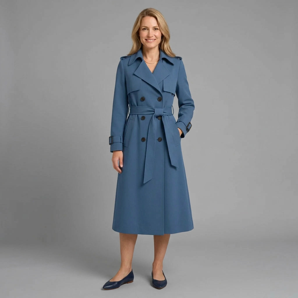 Trenchcoat für Damen in A-Linie mit Bindegürtel im klassischen Stil Blau 3