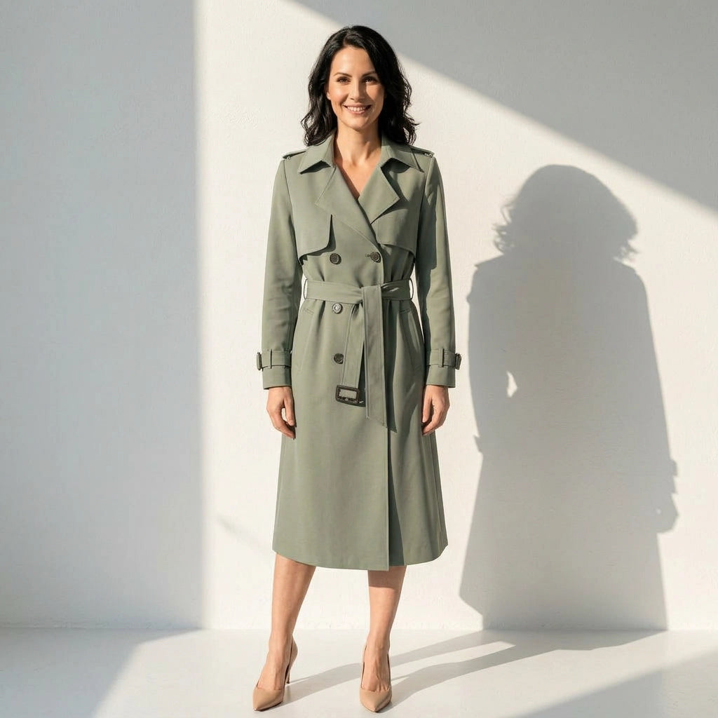 Trenchcoat für Damen in A-Linie mit Bindegürtel im klassischen Stil Grün 5