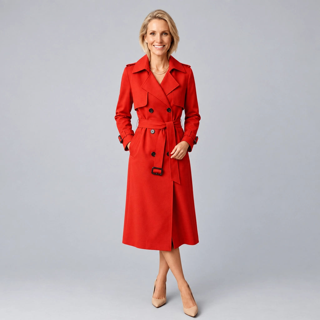 Trenchcoat für Damen in A-Linie mit Bindegürtel im klassischen Stil Rot 6