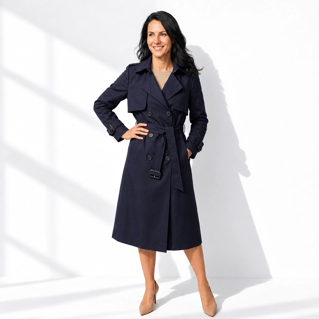 Trenchcoat für Damen in A-Linie mit Bindegürtel im klassischen Stil Dunkelblau 9
