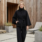 Trenchcoat für Damen in kurzer Form aus Wolle mit Stehkragen Schwarz 1