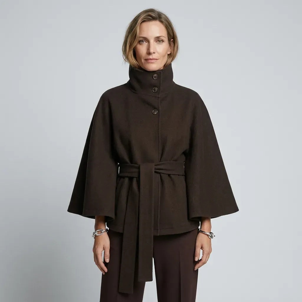 Trenchcoat für Damen in kurzer Form aus Wolle mit Stehkragen Braun 10