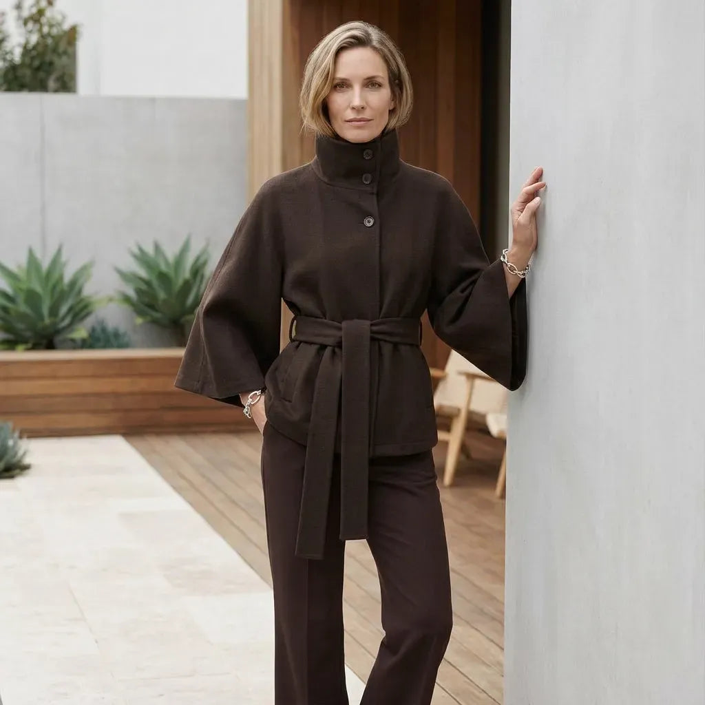 Trenchcoat für Damen in kurzer Form aus Wolle mit Stehkragen Braun 3