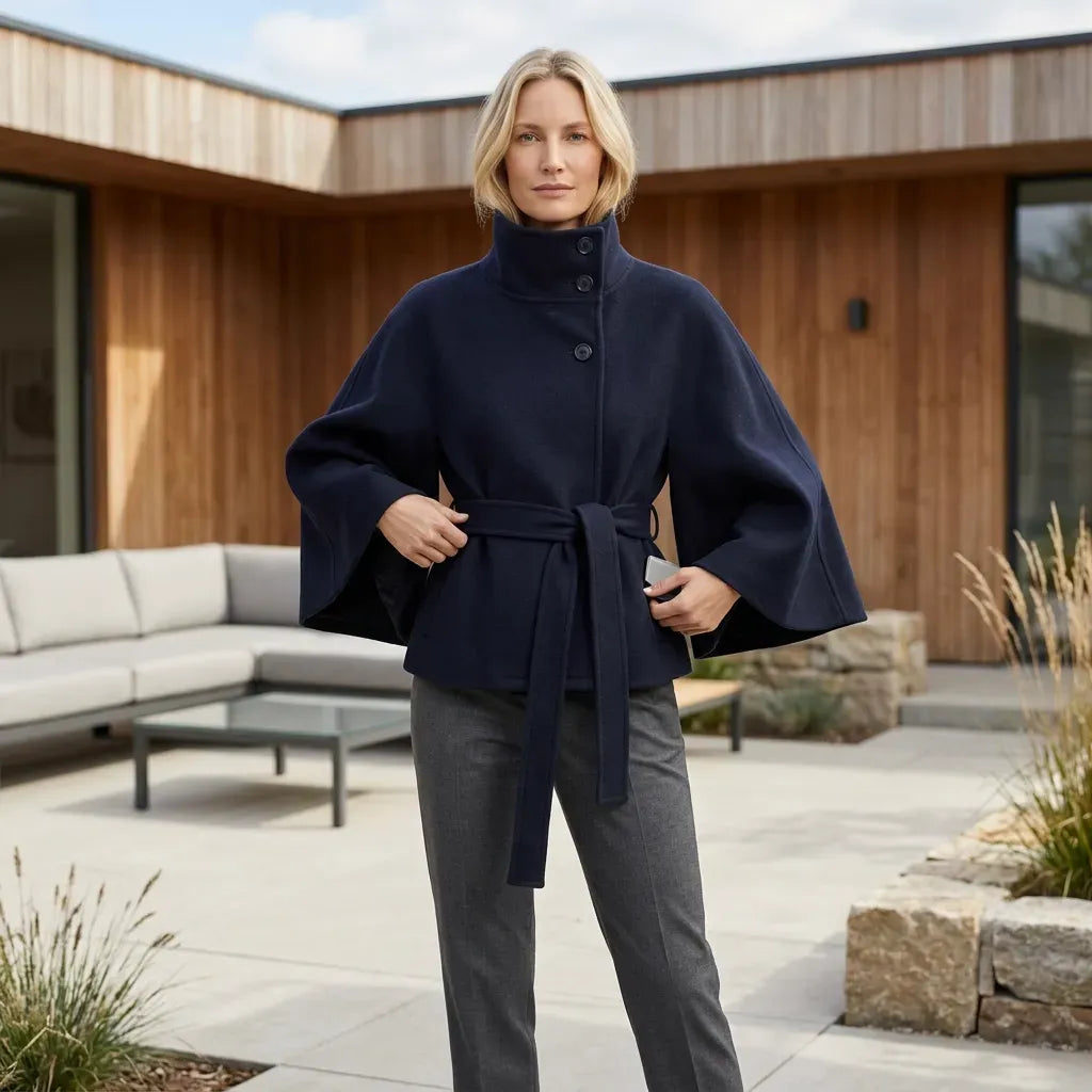 Trenchcoat für Damen in kurzer Form aus Wolle mit Stehkragen Dunkelblau 4
