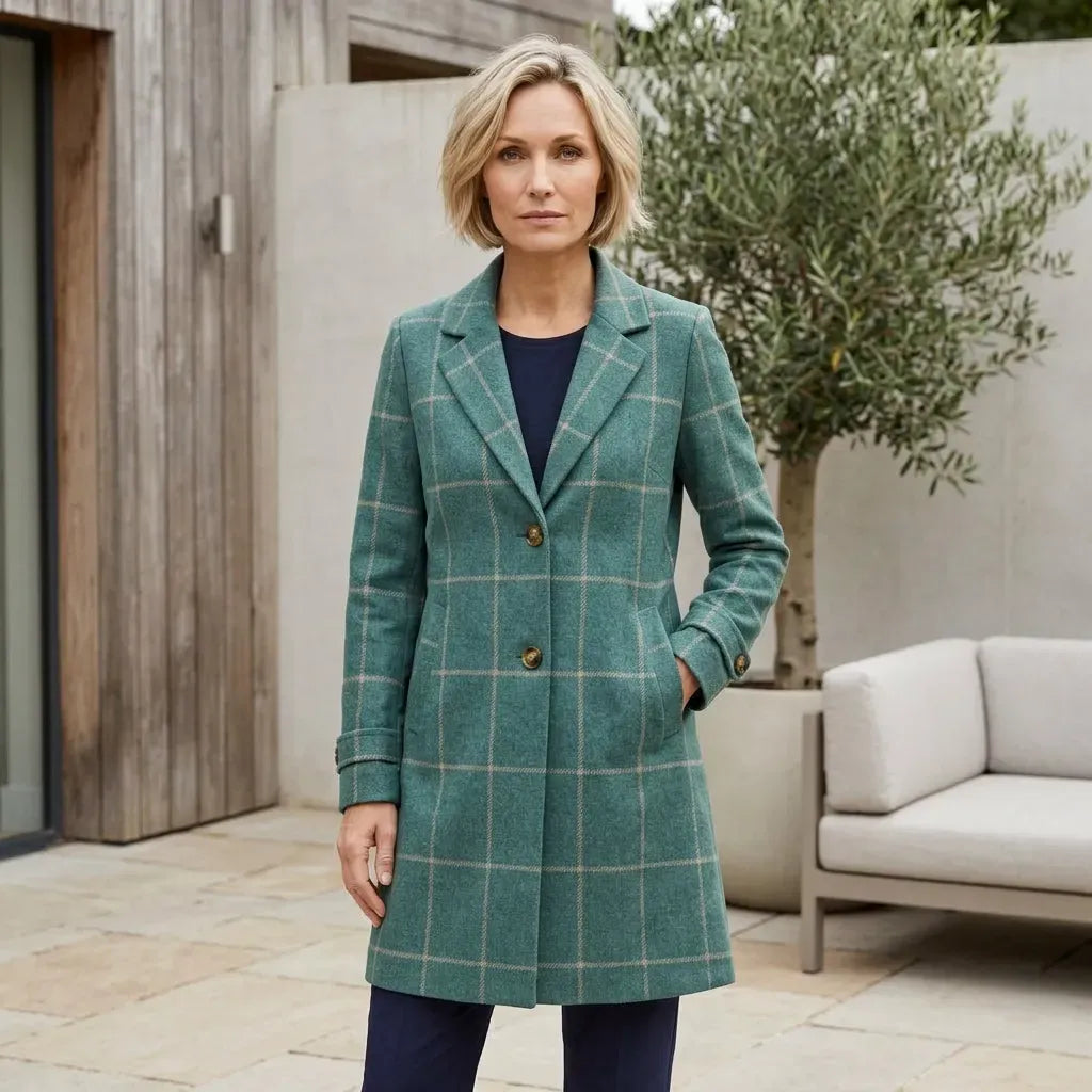 Trenchcoat für Damen in taillierter Form mit Gürtel in Karomuster Grün 1