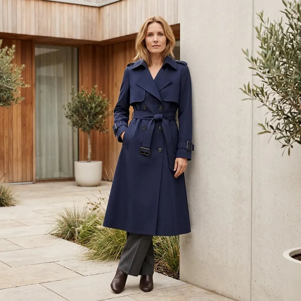 Trenchcoat für Damen klassischer in taillierter Form mit Gürtel Dunkelblau 2