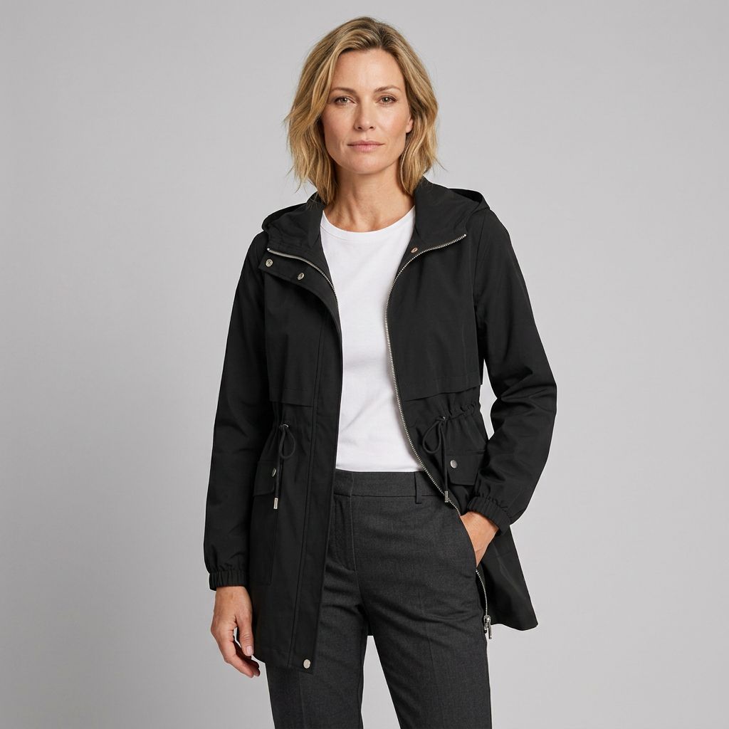 Trenchcoat für Damen mit Kapuze in kurzer Form für die Übergangszeit Schwarz 3