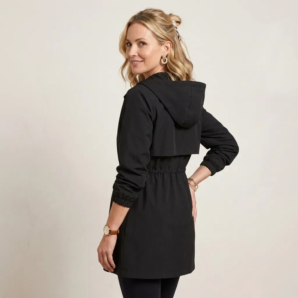 Trenchcoat für Damen mit Kapuze in kurzer Form für die Übergangszeit Schwarz 5