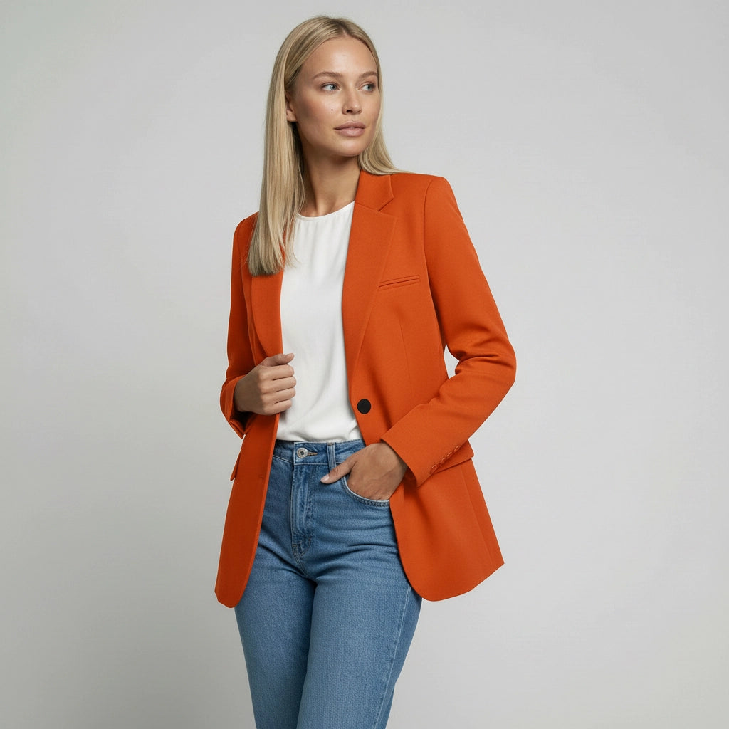 Langer Blazer für Damen mit zwei Knöpfen und Klappentaschen in einfarbigem Design