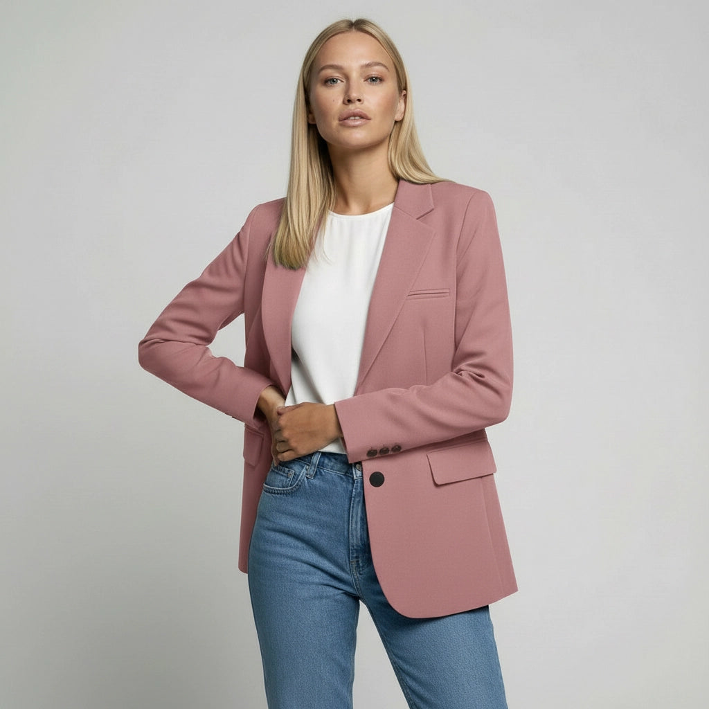 Langer Blazer für Damen mit zwei Knöpfen und Klappentaschen in einfarbigem Design