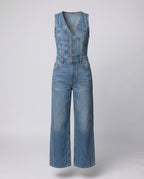 Damen Jeans Jumpsuit im ärmellosen Schnitt mit weitem Bein