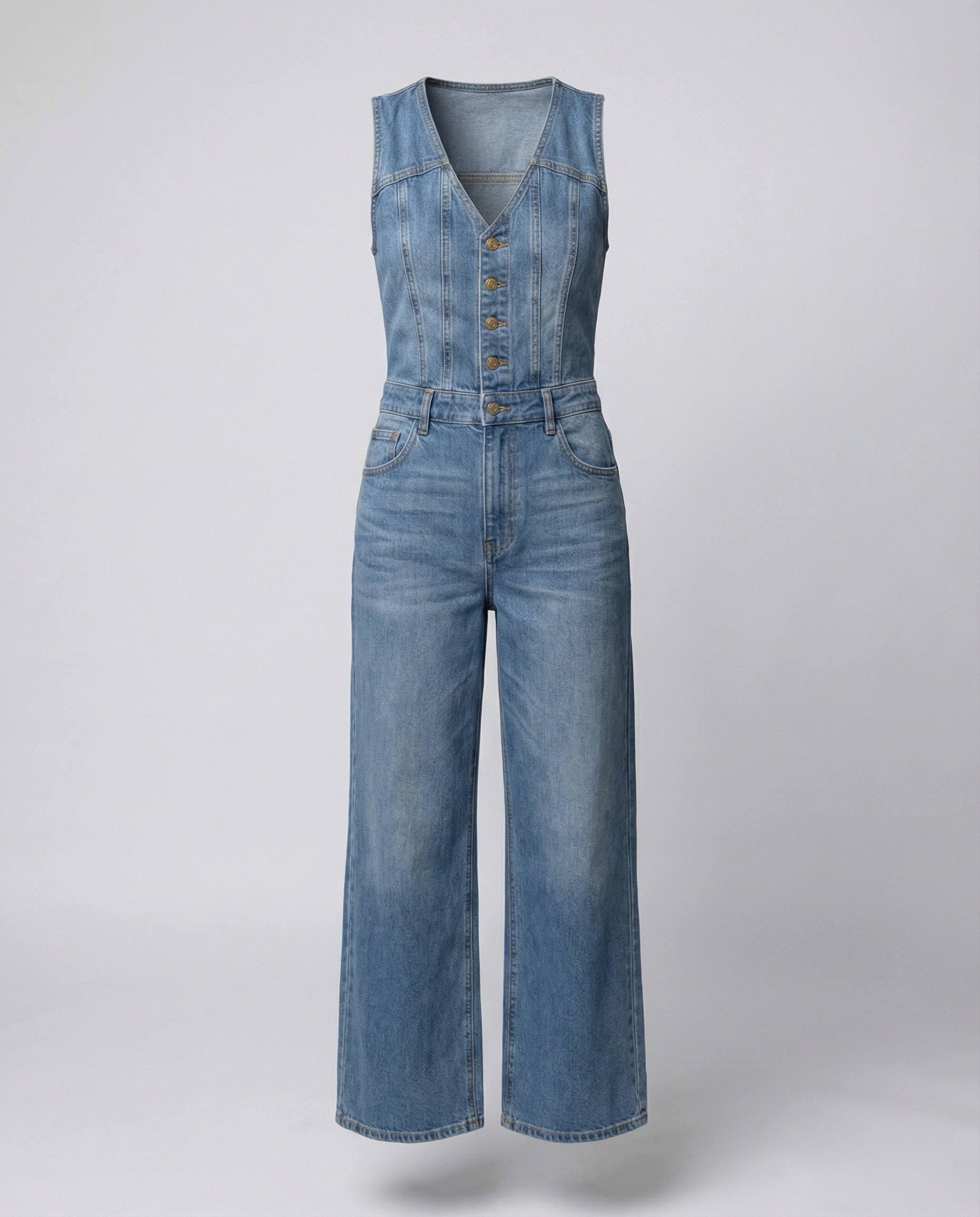 Damen Jeans Jumpsuit im ärmellosen Schnitt mit weitem Bein