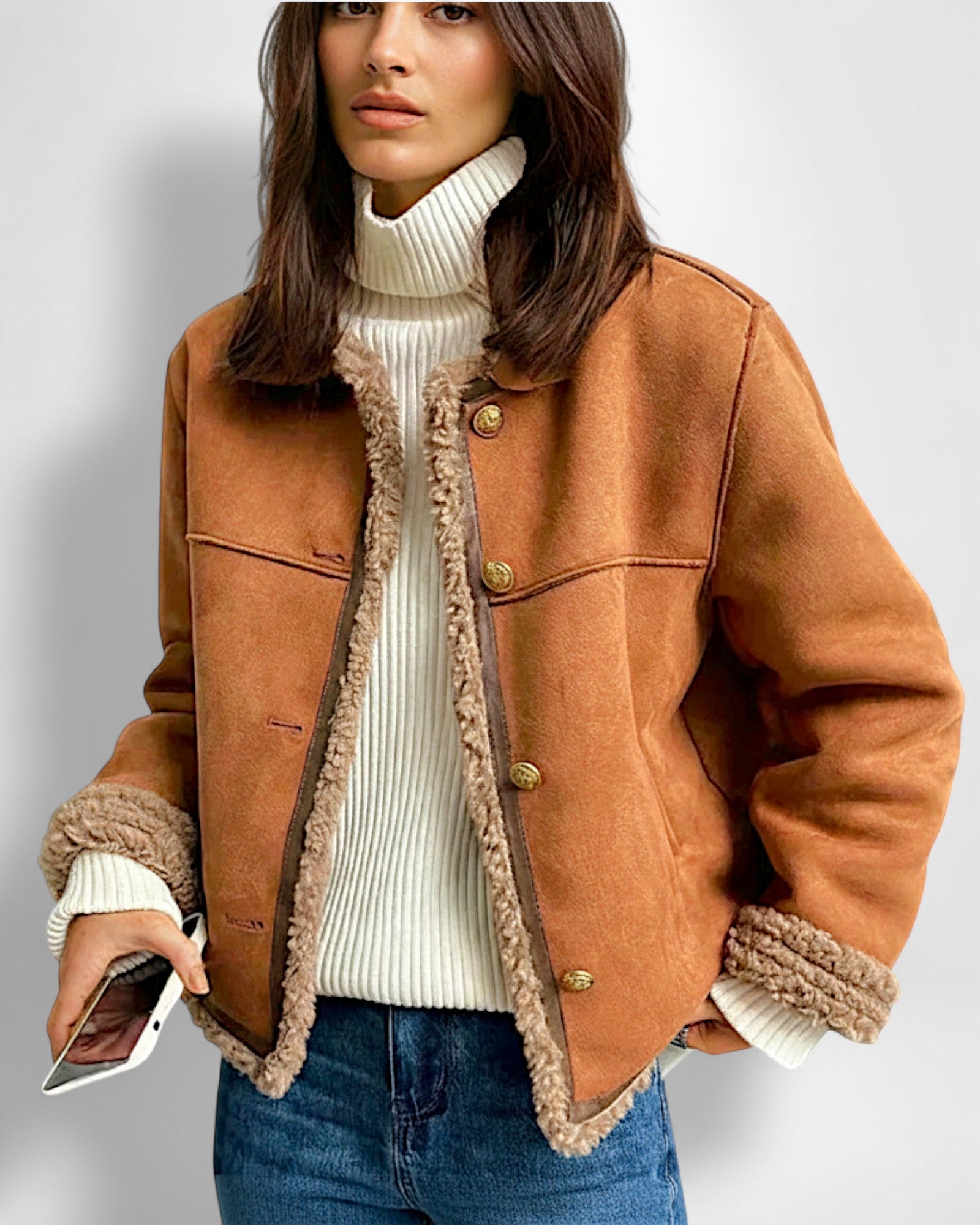 Wildlederjacke für Damen mit Fleecefutter und Rundhalsausschnitt