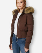 Gesteppte Winterjacke für Damen mit flauschig besetzter Kapuze und breitem Rippbund am Saum