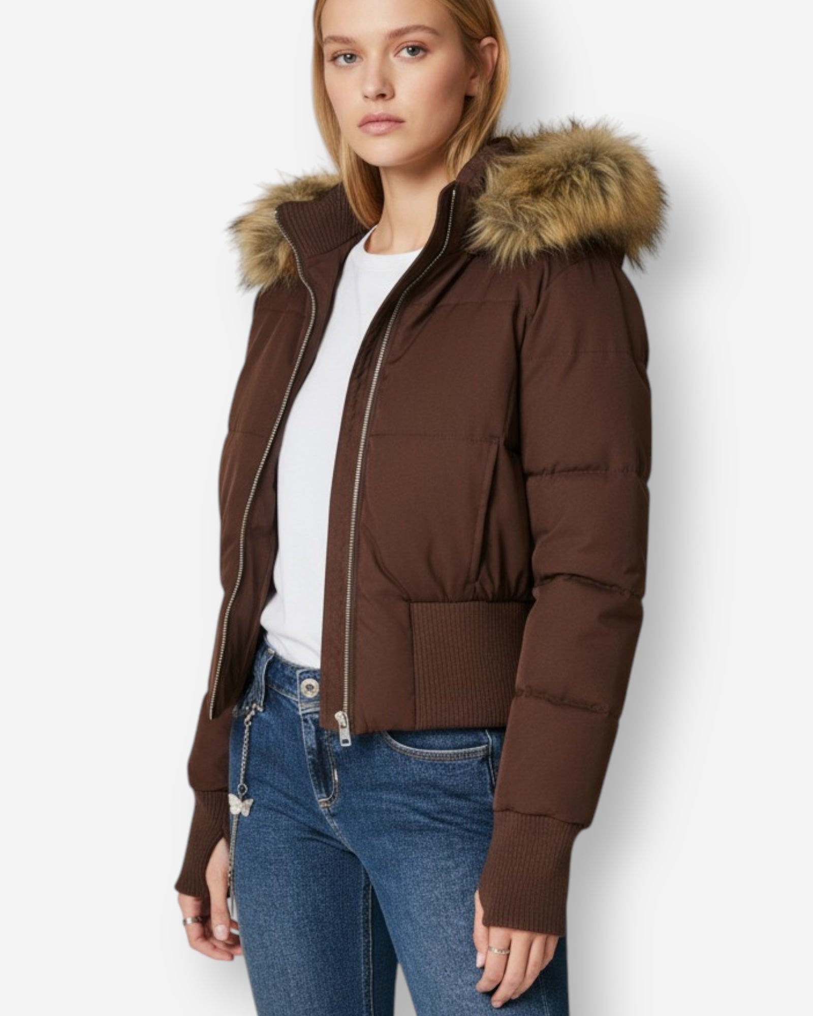 Gesteppte Winterjacke für Damen mit flauschig besetzter Kapuze und breitem Rippbund am Saum