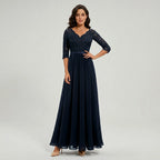 Langes Kleid für Damen aus Chiffon mit Spitze und 3/4 Ärmeln im Locker Fallenden Design