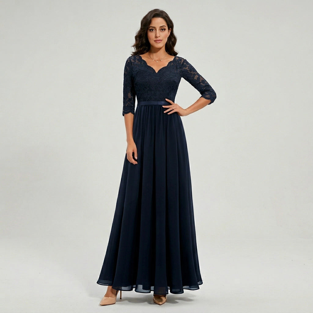 Langes Kleid für Damen aus Chiffon mit Spitze und 3/4 Ärmeln im Locker Fallenden Design