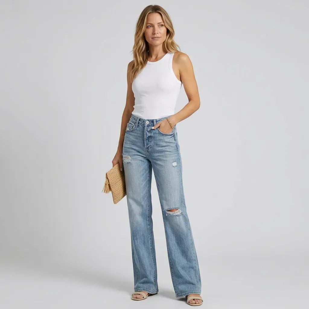 Weite Jeans für Damen in Grey-Denim mit Wide Leg mit Rissen Hellblau 6