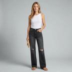 Weite Jeans für Damen in Grey-Denim mit Wide Leg mit Rissen Schwarz 7