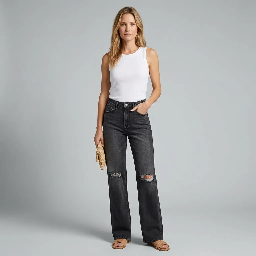 Weite Jeans für Damen in Grey-Denim mit Wide Leg mit Rissen Schwarz 7