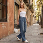 Weite Jeans für Damen mit hohem Bund aus Denim mit Taschen Blau 1