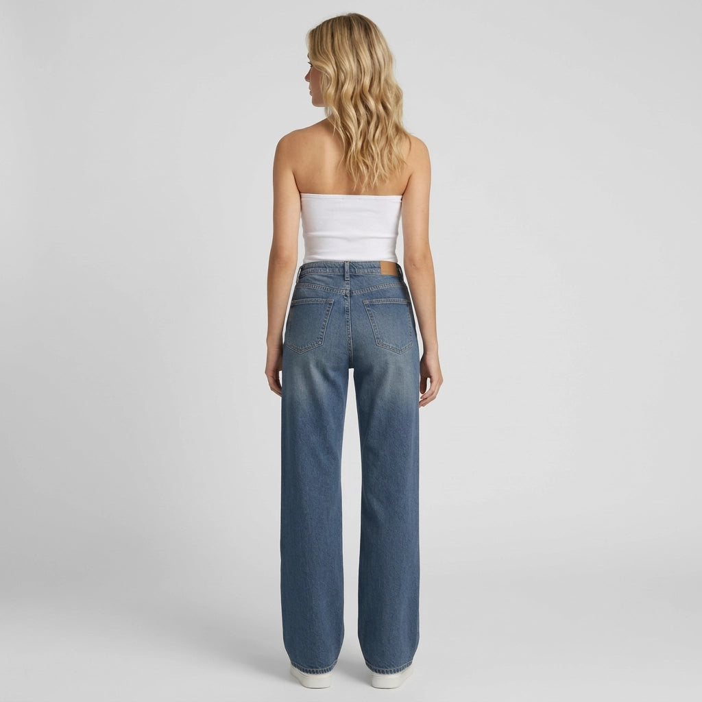 Weite Jeans für Damen mit hohem Bund aus Denim mit Taschen Blau 2