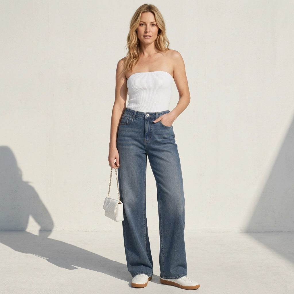 Weite Jeans für Damen mit hohem Bund aus Denim mit Taschen Blau 3