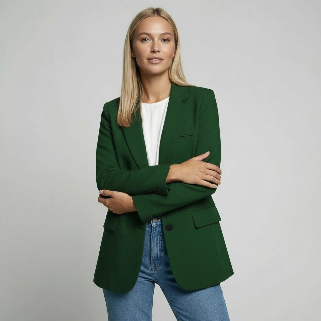 Langer Blazer für Damen mit zwei Knöpfen und Klappentaschen in einfarbigem Design