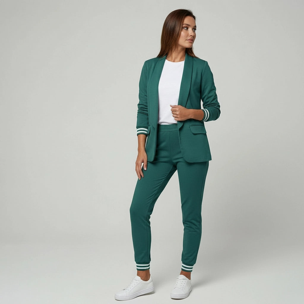 Zweiteiliger Hosenanzug für Damen mit elastischen gestreiften Bündchen an Blazer und Hose