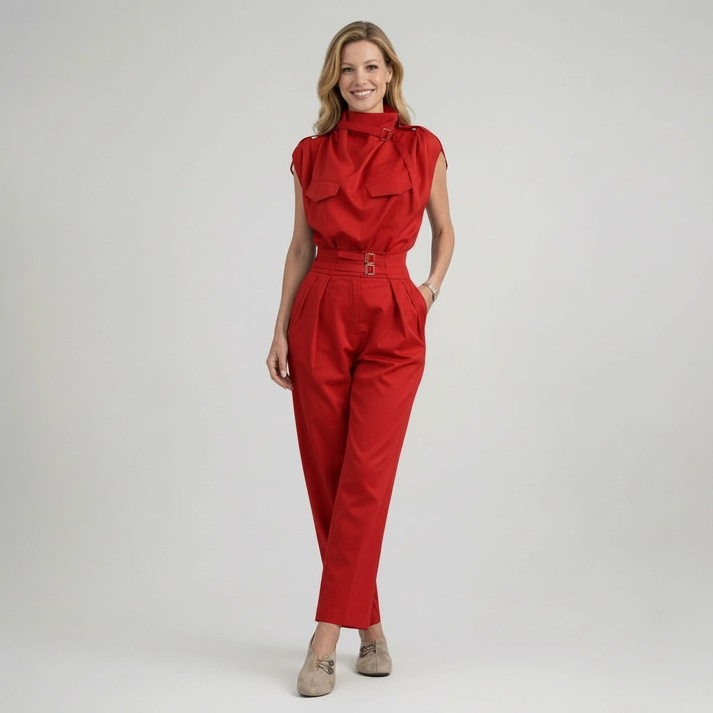 Tailliertes Damen Set aus ärmellosem Top und Hose mit hoher Taille im Jumpsuit Look