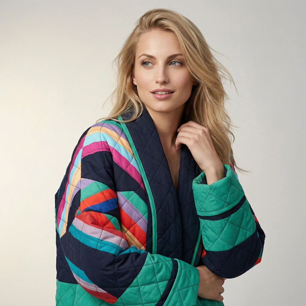 Bunte Steppjacke für Damen in Oversized Passform im Vintage Stil mit Schalkragen