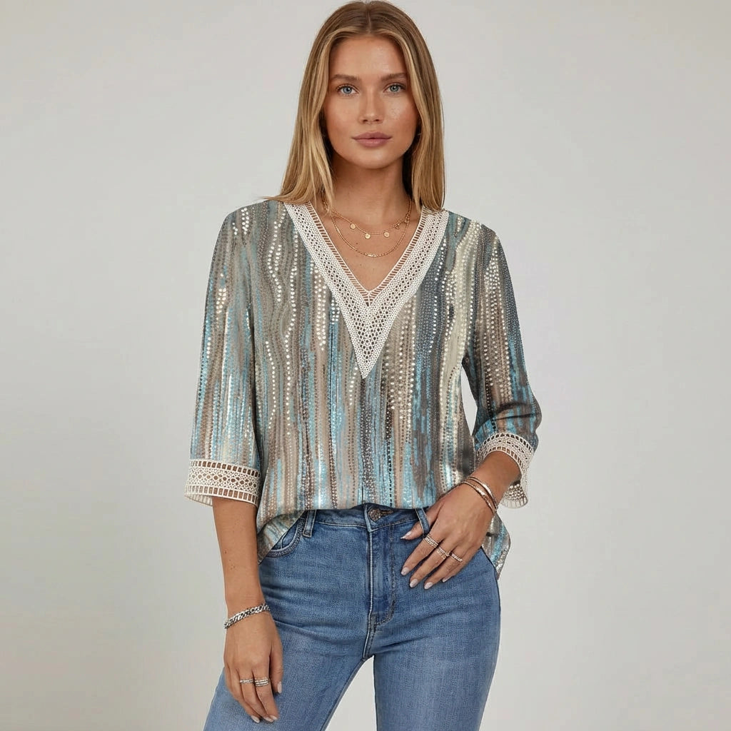 Bunte Damen Bluse mit V-Ausschnitt und 3/4 Ärmeln