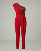Eleganter Damen Jumpsuit im One Shoulder Schnitt mit Bindegürtel und weitem Bein