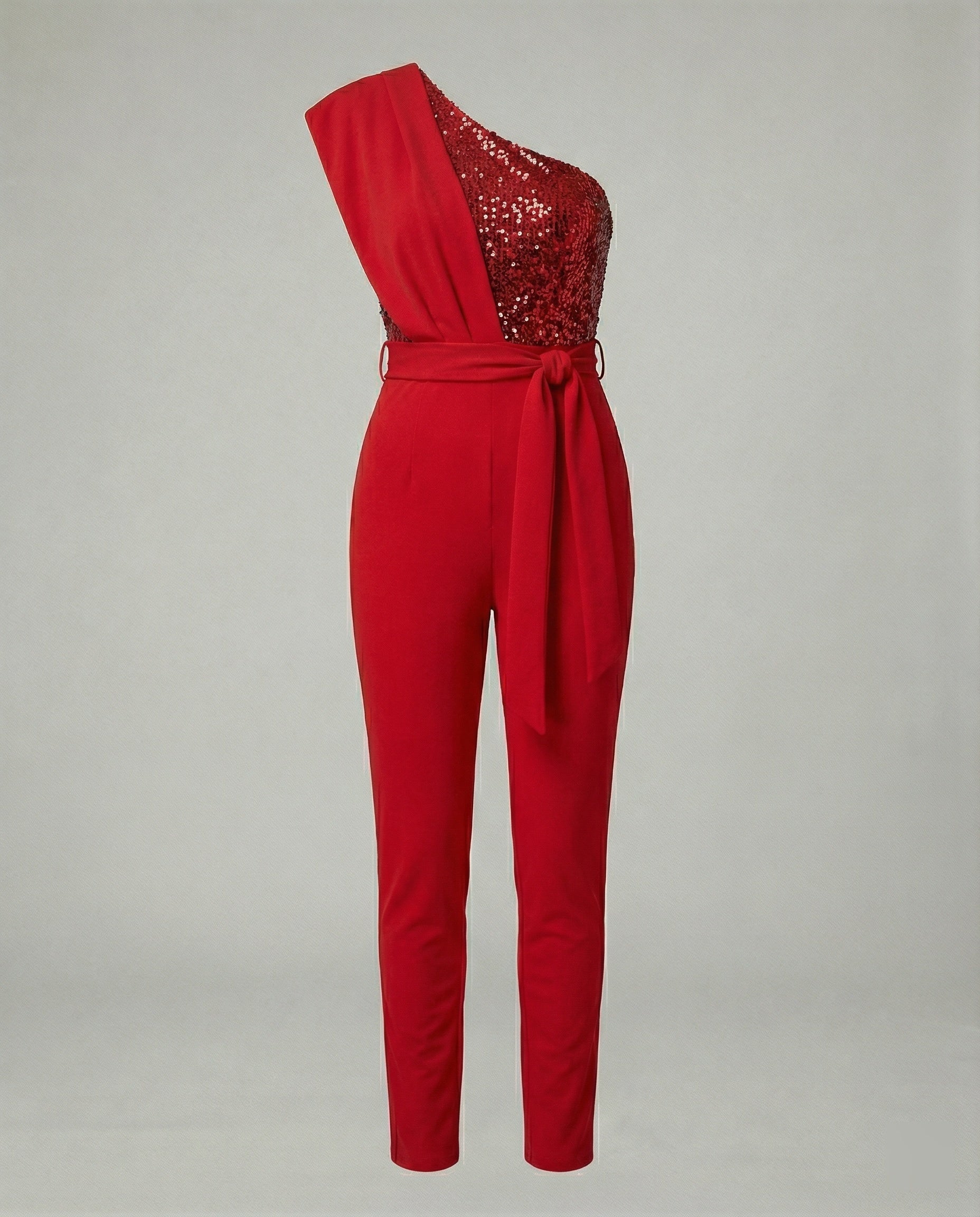 Eleganter Damen Jumpsuit im One Shoulder Schnitt mit Bindegürtel und weitem Bein