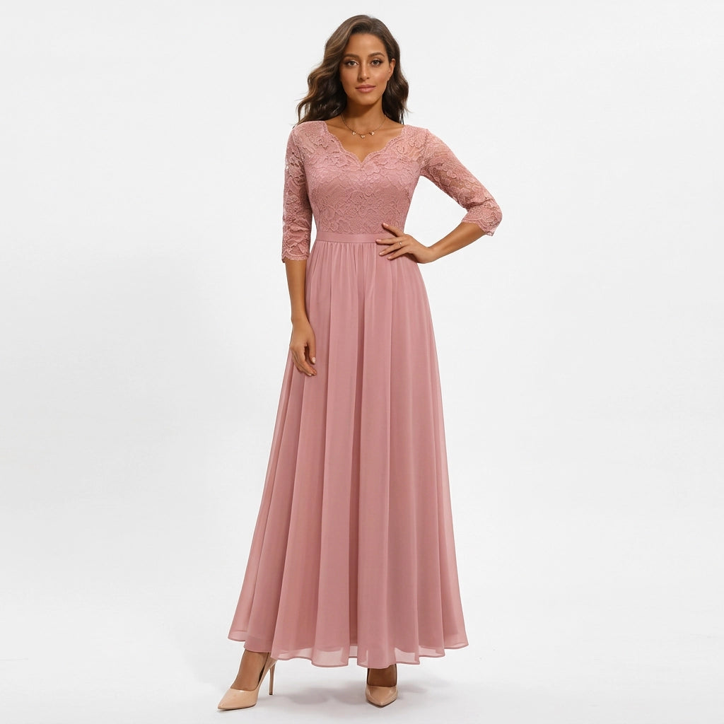 Langes Kleid für Damen aus Chiffon mit Spitze und 3/4 Ärmeln im Locker Fallenden Design