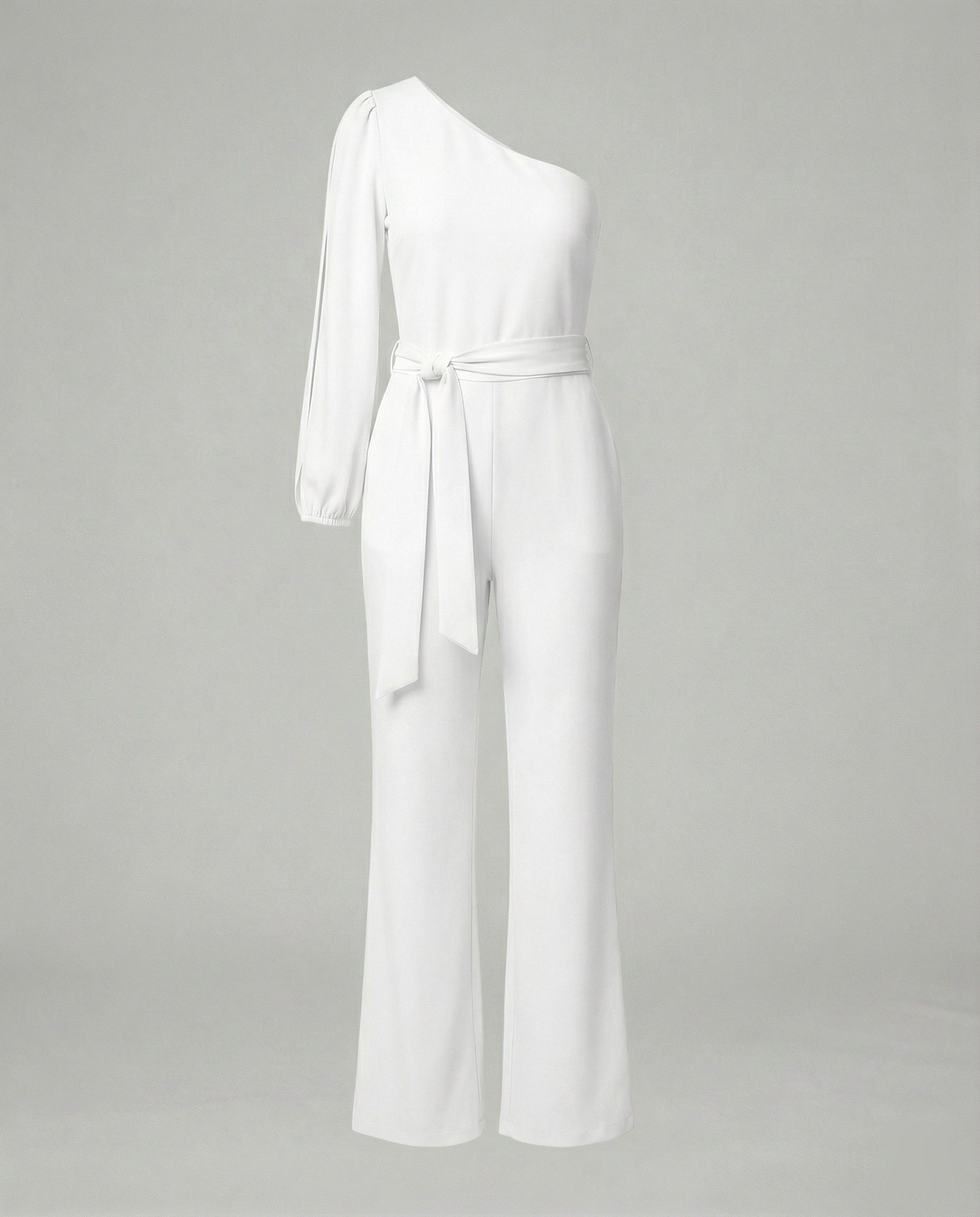 Eleganter Damen Jumpsuit im One Shoulder Schnitt mit Bindegürtel und weitem Bein