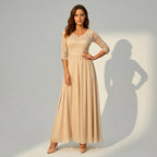 Langes Kleid für Damen aus Chiffon mit Spitze und 3/4 Ärmeln im Locker Fallenden Design