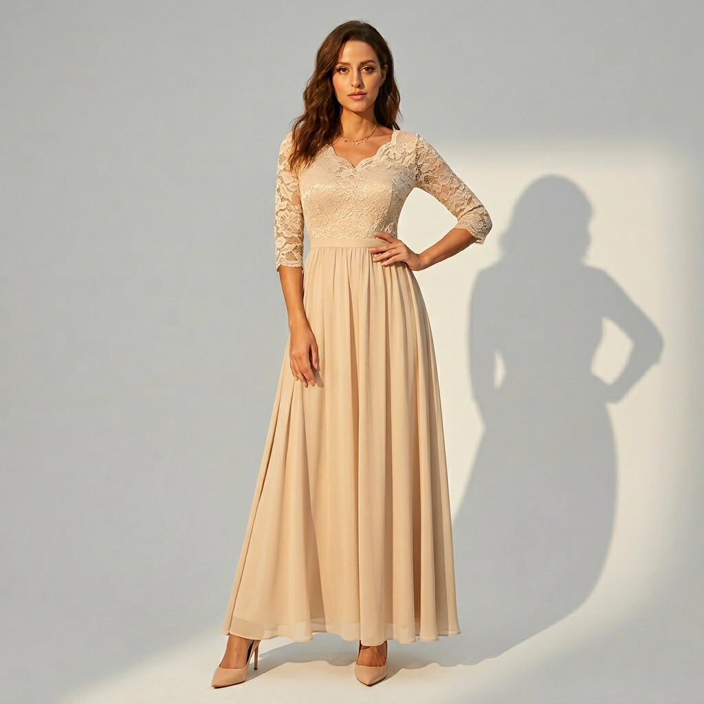 Langes Kleid für Damen aus Chiffon mit Spitze und 3/4 Ärmeln im Locker Fallenden Design