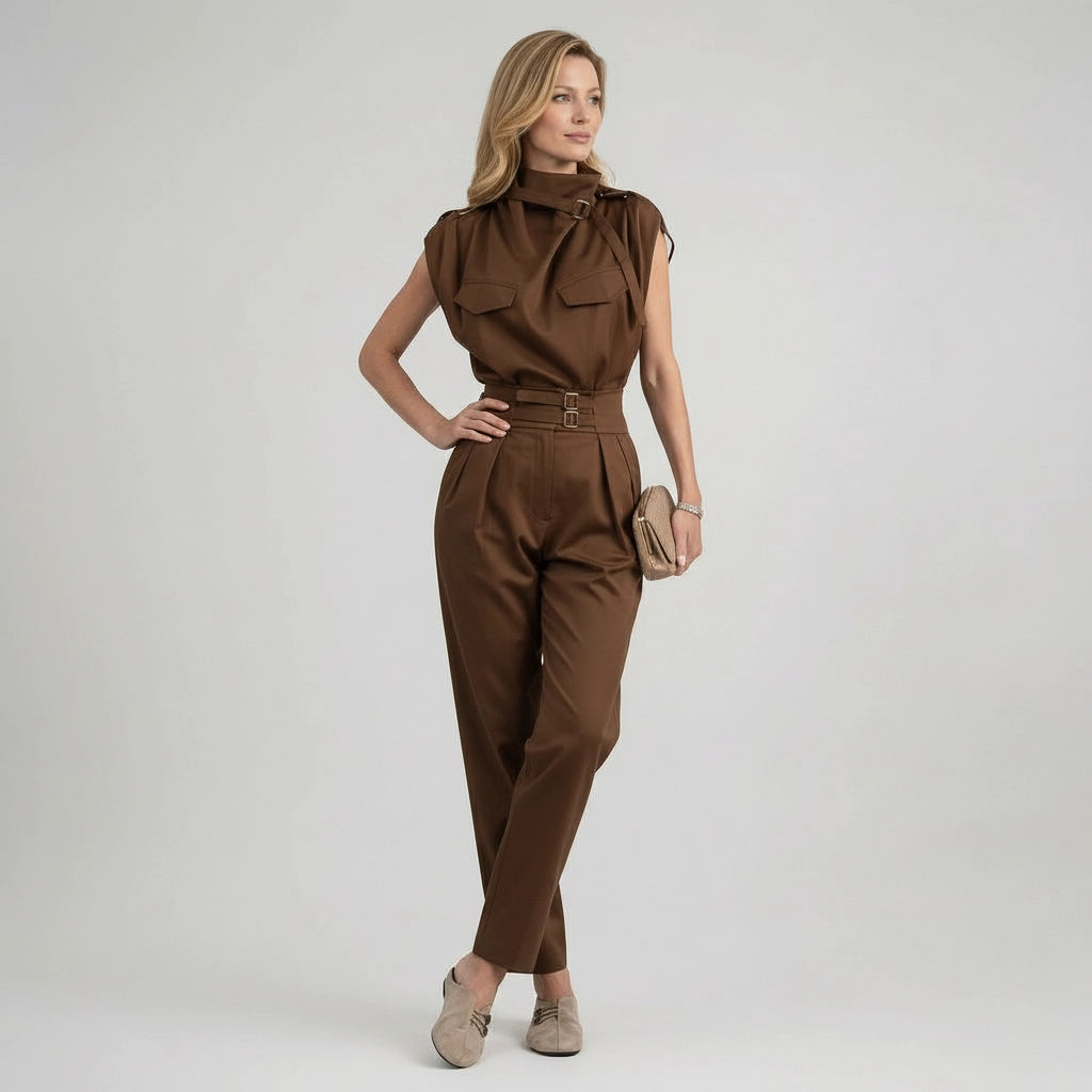 Tailliertes Damen Set aus ärmellosem Top und Hose mit hoher Taille im Jumpsuit Look