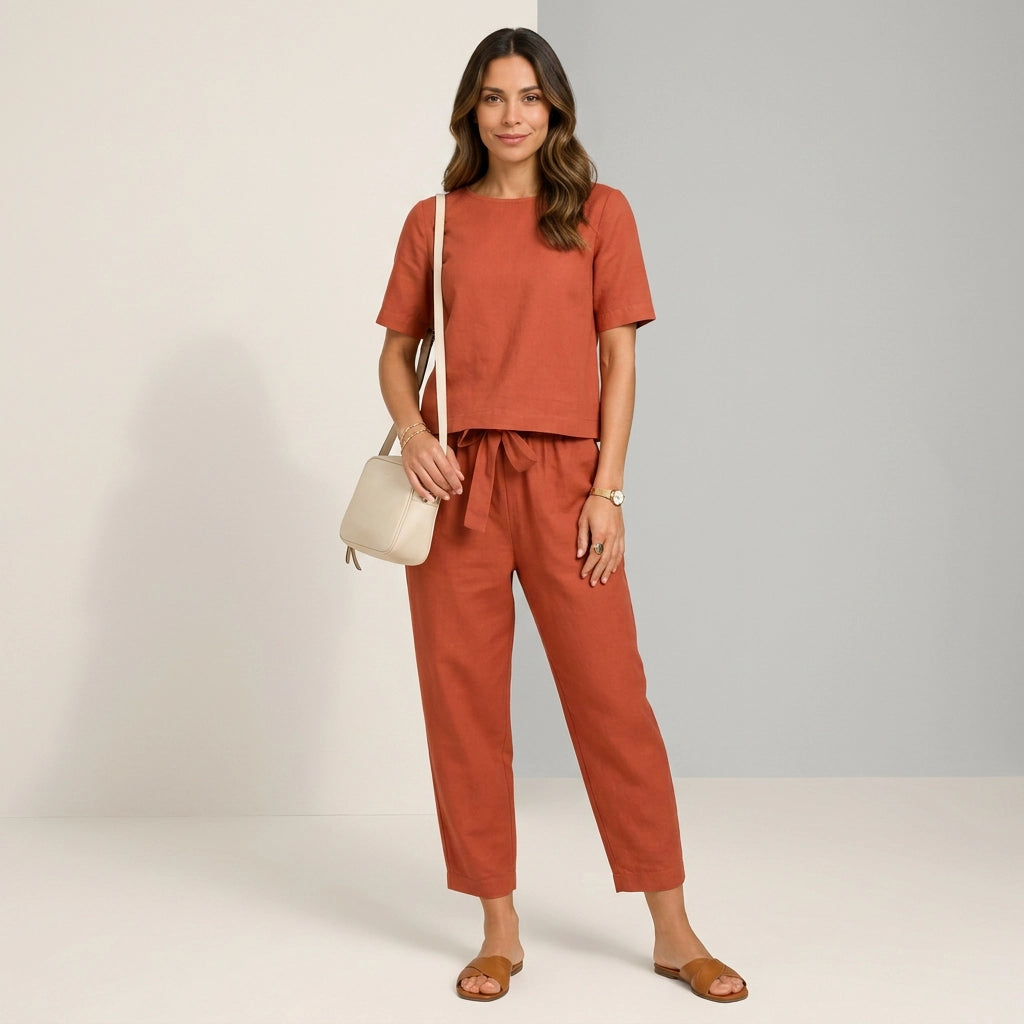 Zweiteiler für Damen mit Hose und Oberteil aus Leinen im lässigen Stil Rot 1